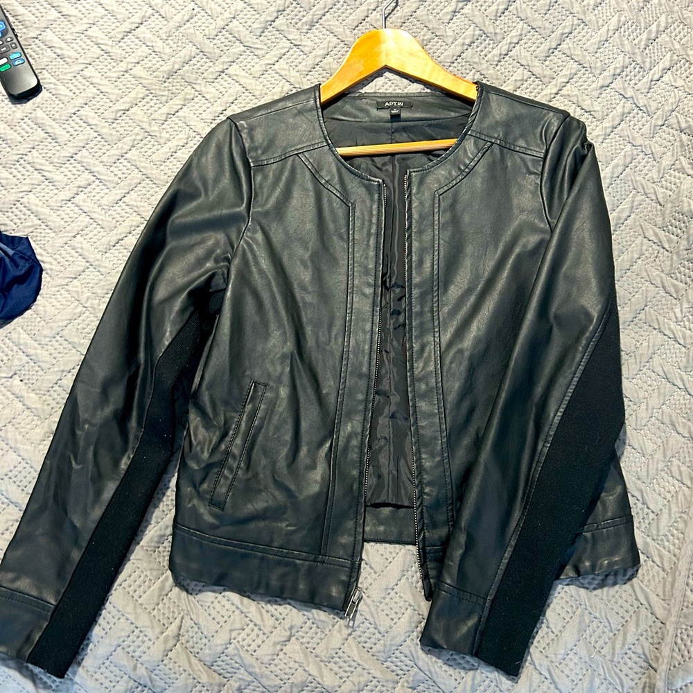 Faux Leather Full Zip Blazer, Black, M